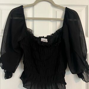Urban Outfitters Black Smocked Puff-Sleeve Blouse